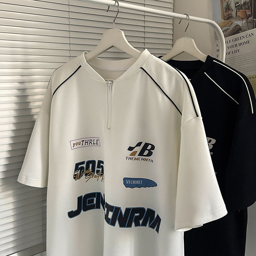 Half-zip short-sleeve polo shirt for men, summer loose American retro t-shirt, niche trendy brand, fashion pure cotton seven-quarter sleeve