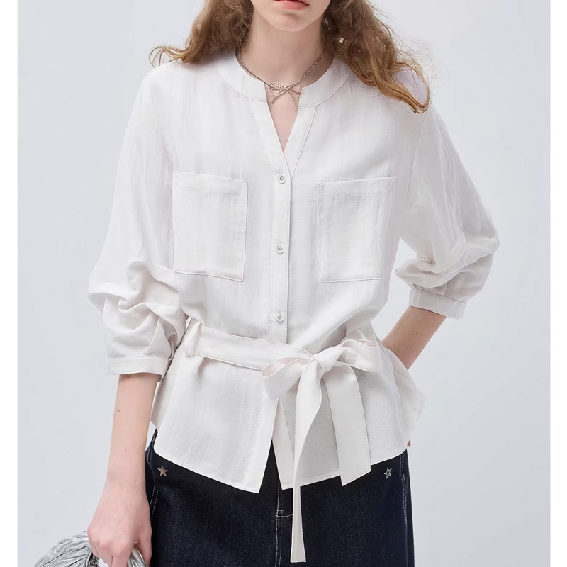 【Platycodon Fairy Tale】Vfga Chamg Yellow Shirt for Women 2026 Spring/Summer New Design Lyocell Top