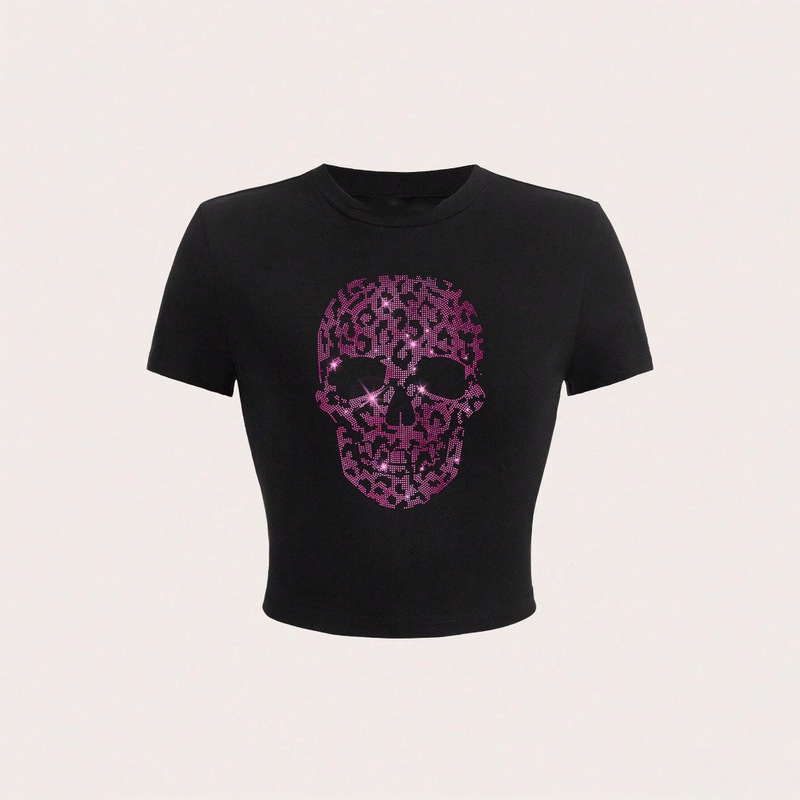 Summer Casual Diablo Style Skull Leopard Print Round Neck Short-sleeved Slim-fit Women's T-shirt