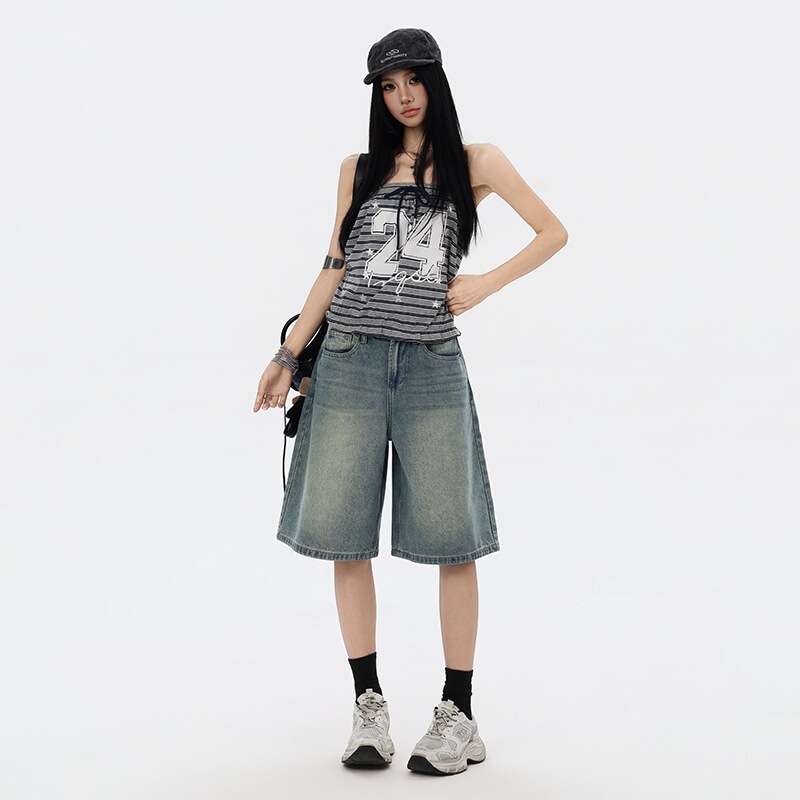 Washed Vintage Hot Girl Niche Design American-Style Wide-Leg Jeans for Women, New Spring/Summer Loose-Fitting Five-Point Pants