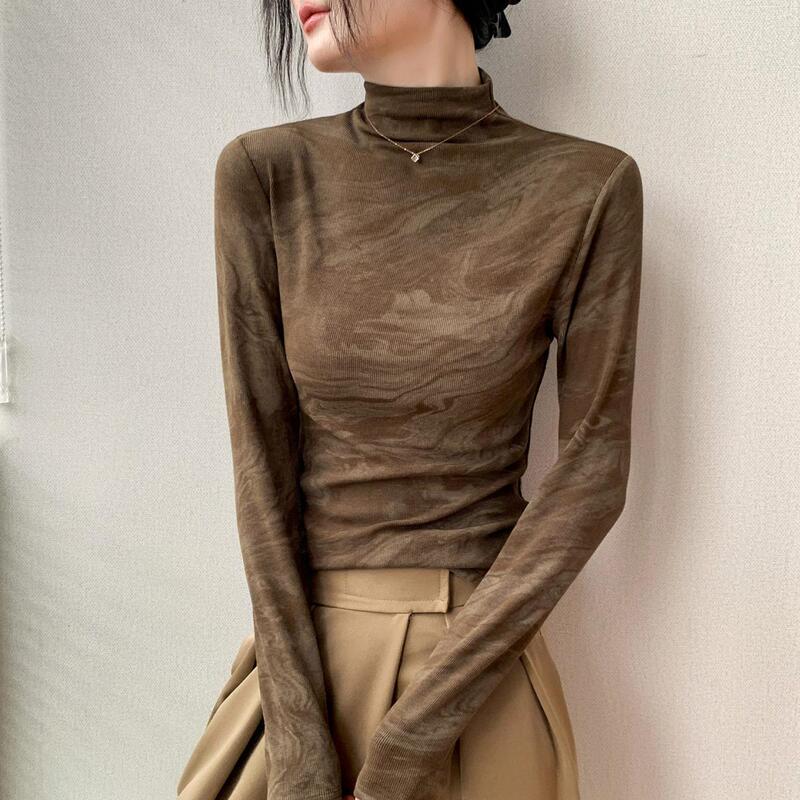 Tie-Dye Ink Painting Half Turtleneck Long-Sleeved T-Shirt for Women Autum Design Printed Slim Inner Layering Shirt Top