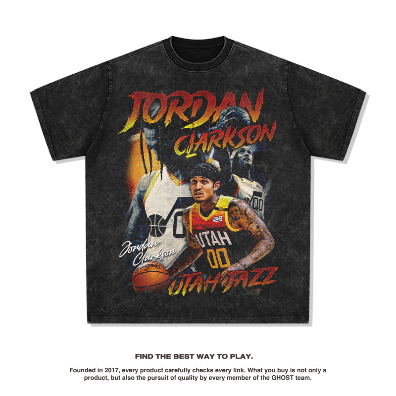 Clarkson American Star camiseta callejera hip-hop marca de tendencia impresión retro hacer viejo lavado pesado cuello redondo manga corta