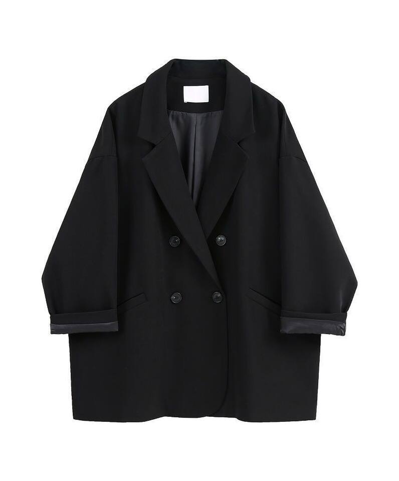 Áo blazer nữ dáng rộng cổ vest tay dài phong cách thanh lịch — quần kaki, đen, Bông đen, Kaki và bông chi tiết 2