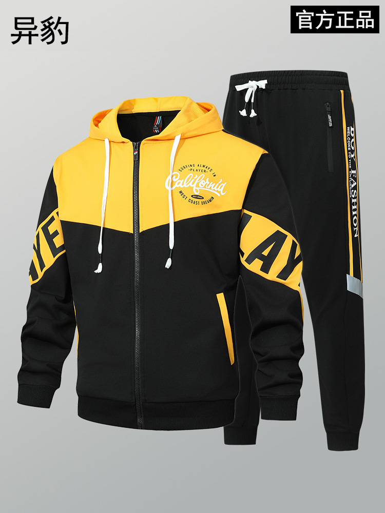 Primavera y otoño, marca de moda americana, chaqueta con capucha, pantalones, traje deportivo, traje casual de dos piezas simple para hombres y adolescentes