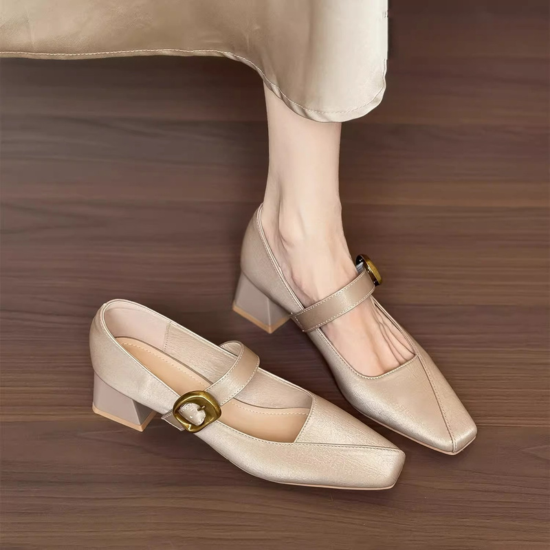 Genuine leather~Square toe soft sole chunky heel Mary Jane mid-heel high-heeled shoes for women, beautiful early spring women's shoes