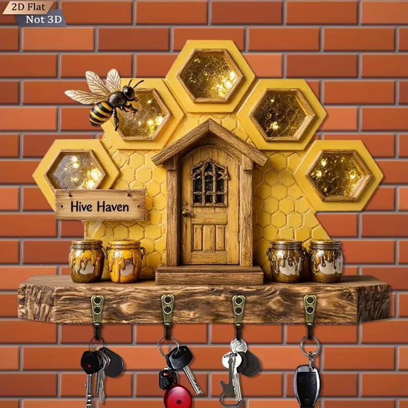 Cross-Border Hot-Selling In-Stock Colorful Wooden Cabin Key Holder Flat Graphic Living Room Decoration Hanging Ornament Wooden Wholesale