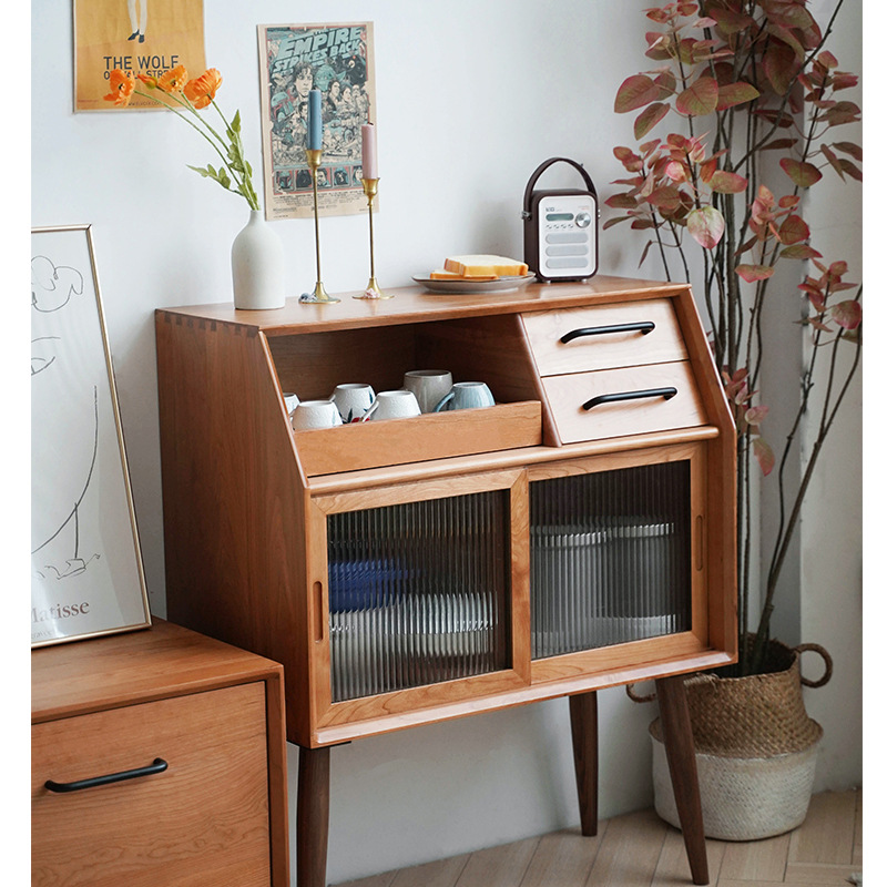 Small Side Cabinet] Nordic Japanese-Style Minimalist Solid Wood Sideboard for Small Apartments, Tea Bar Counter, Pure Furniture Against the Wall