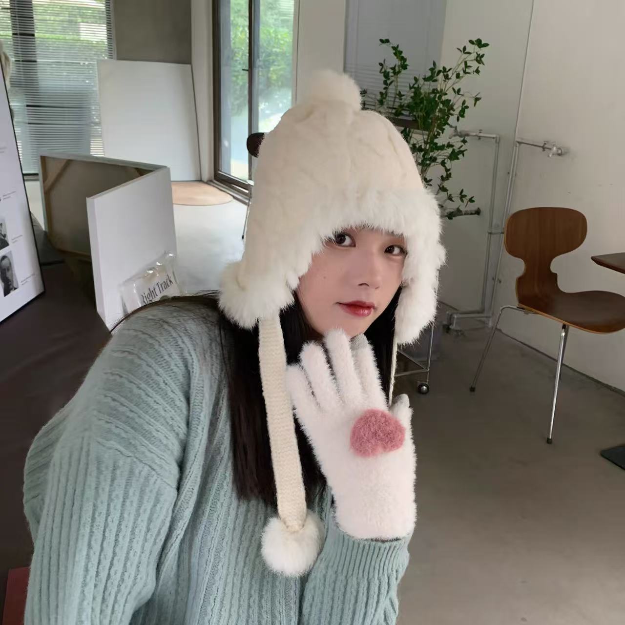 秋冬韩版百搭显脸小雷锋帽女内衬加绒兔毛护耳帽保暖针织毛线帽子