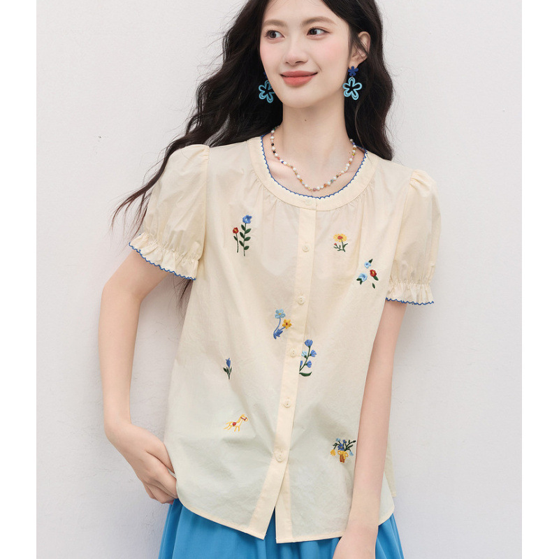French-Style Embroidered Puff Sleeve Shirt for Women, Summer Fashionable Loose Fit, Flattering Babydoll Top, Unique Trendy Blouse
