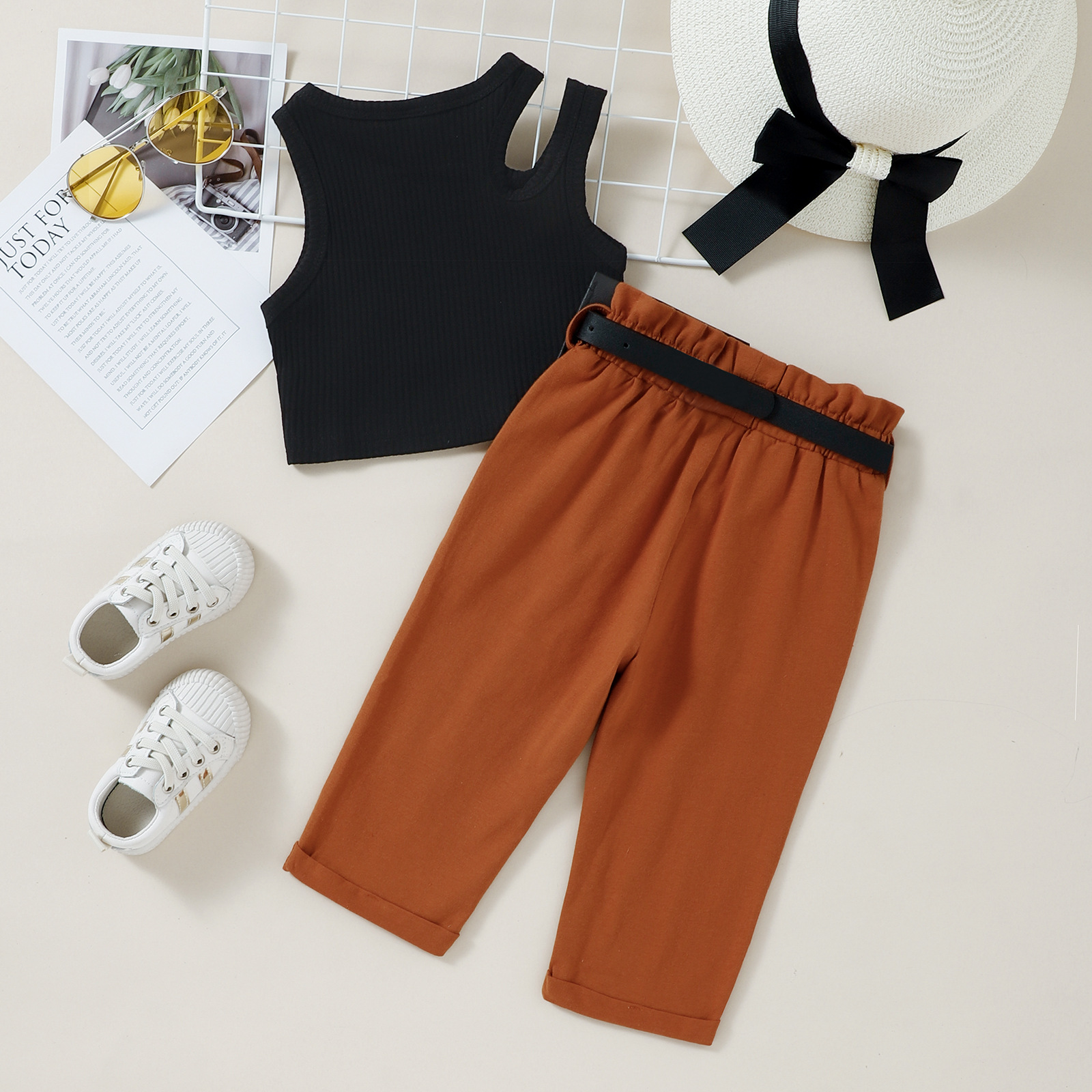 Round Neck Neckline Breathable Function Fashion Solid Color Cotton Girls Clothing Sets