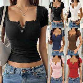 2025欧美跨境亚马逊新款春夏花边纽扣V领时尚修身短袖上衣女装