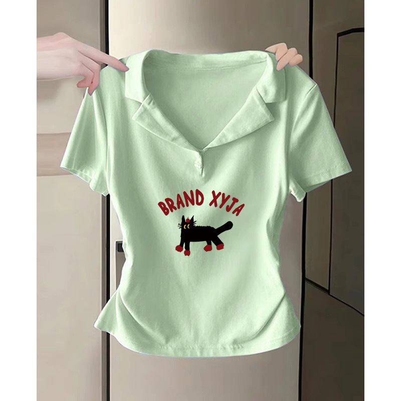 Mint Green Polo Shirt Short-Sleeve Regular Shoulder T-Shirt for Women, Summer 2025 New Style, Slim Fit, Waist-Cinching, Short V-Neck Top with a Sense of Design Mint Green Polo Shirt Short-Sleeve Regular Shoulder T-Shirt for Women, Summer 2025 New Style, Slim Fit, Waist-Cinching, Short V-Neck Top with a Sense of Design