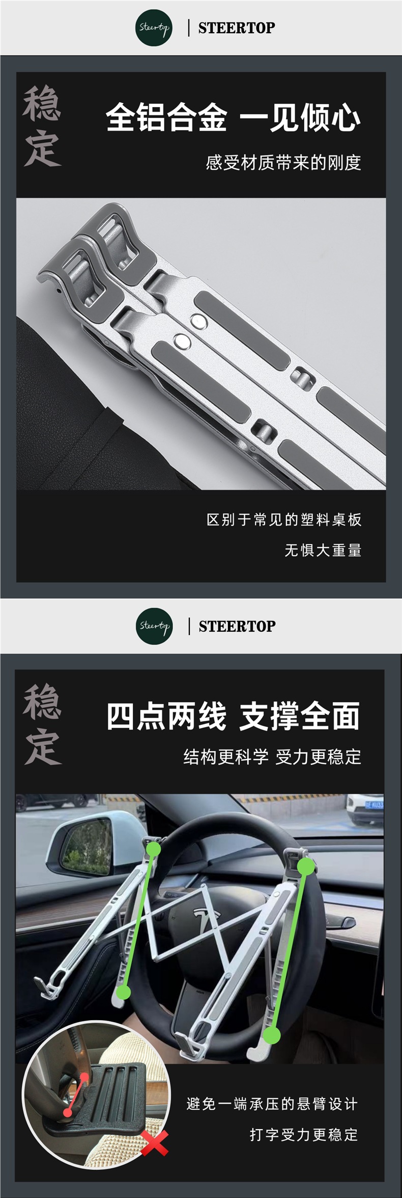 Steertop Steering Wheel Multifunctional Computer Stand Foldable Car-Mounted Small Table Stand for Ipad, Laptop, and Tablet