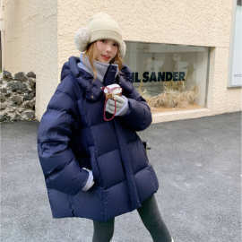 实拍藏蓝色小个子连帽羽绒服女冬季2026新款加厚保暖90白鸭绒外套