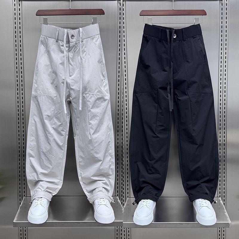 Trendy Thin Cargo-Style Casual Pants Summer Color Straight-Leg Pants Men Quick-Dry Loose Fashion Pants with Drawstring Cuffs