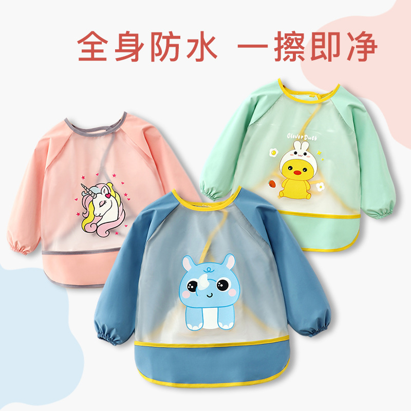 New Summer Children's Smock Baby Eating Waterproof Anti-Dirty Girl Apron Long-Sleeved Reverse Dressing Male Baby Bib