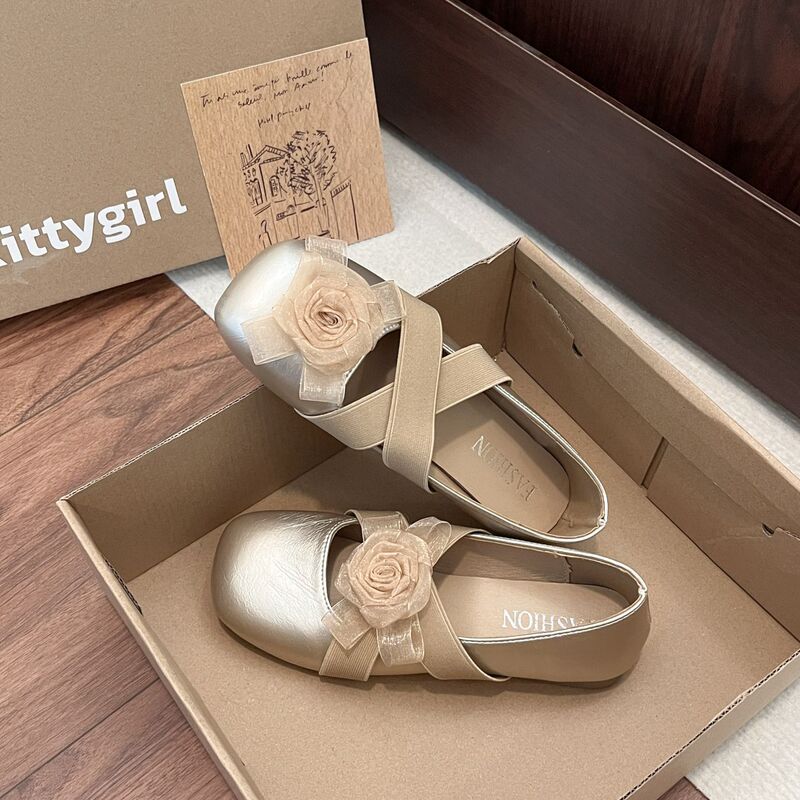 French Square-Toed Floral Ballet Shoes 2025 New Style Flat Mary Jane Evening Shallow Camellia Shoes