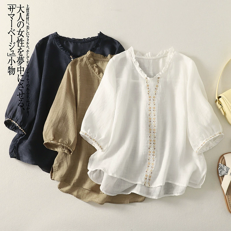 Реальный образ 2025 года: хлопково-льняной топ с дизайном вставок, рукавом пять четвертей, свободного кроя, утягивающий, с круглым вырезом для лета, для женщин.