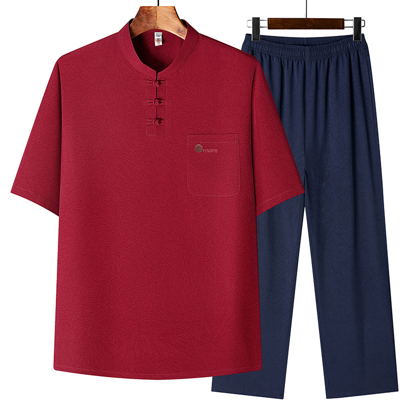 Middle-aged and elderly men's ice silk Tang suit set, thin style, father's outfit, new Chinese style, stand collar, short sleeve, two-piece set, summer.