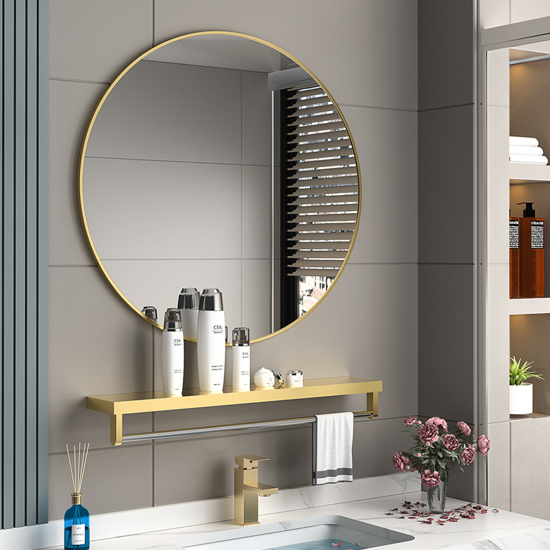 Espejo redondo de baño con estante para Norteamérica, espejo de maquillaje sin taladro, espejo nórdico de pared, espejo de baño sudamericano, espejo de tocador. image 5