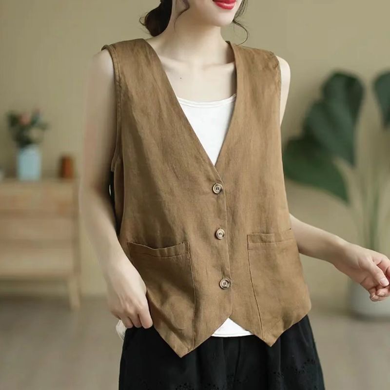 Summer Cotton and Linen Vest Women's Thin Artistic Style V-Neck Short Vest Solid Color Sleeveless Elegant Women's Outer Wear
