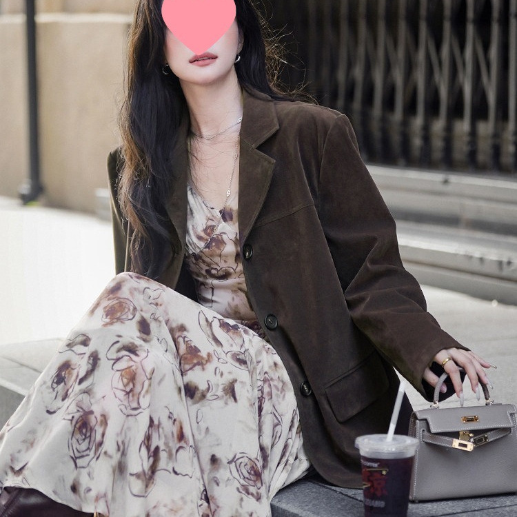 Plum Blossom [Mocha Rose] V-Neck Gradient Print Camisole Dress Women's Retro Sleeveless Long Dress