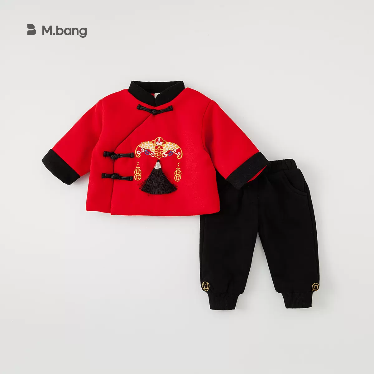 邦选儿童喜庆拜年服套装男童加厚汉服两件套红色新年装DT-3911