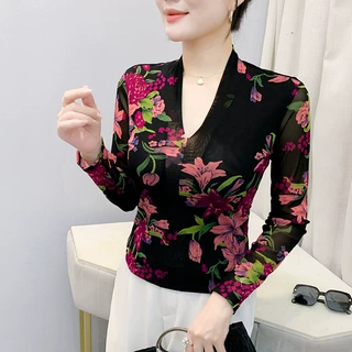 工厂时尚印花网纱长袖女2025年秋季新款高弹洋气小衫高档女士上衣