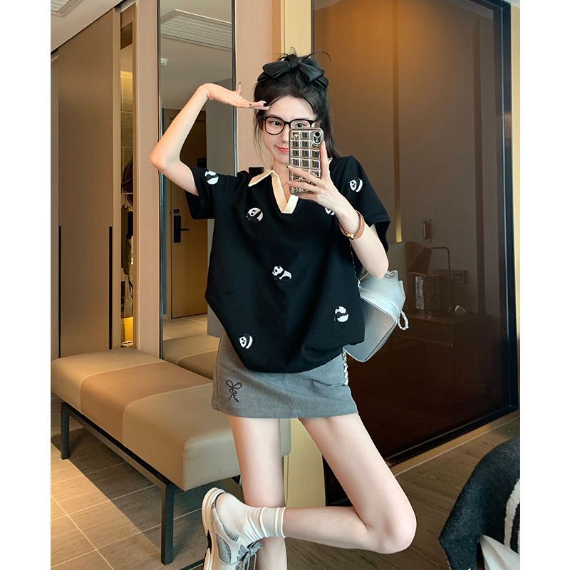 2026 New Summer Loose Black Panda Polo Collar Short-Sleeve T-Shirt for Women, Slimming, Petite, Pure Cotton Top, Ins Style