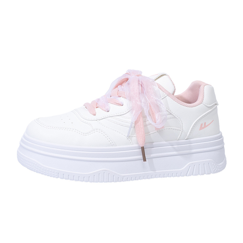 Retirada de doble cordón zapatos de mujer de escuela simple zapatos blancos de suela gruesa de otoño zapatos de madera de polvo de melocotón cómodo y dulce zapatos simples