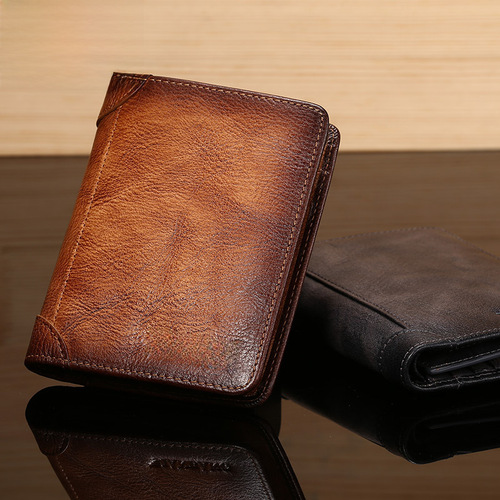 Cross-border agency Manbang men's wallet short style top grain leather brushed color classic three-fold RIFD anti-theft card 