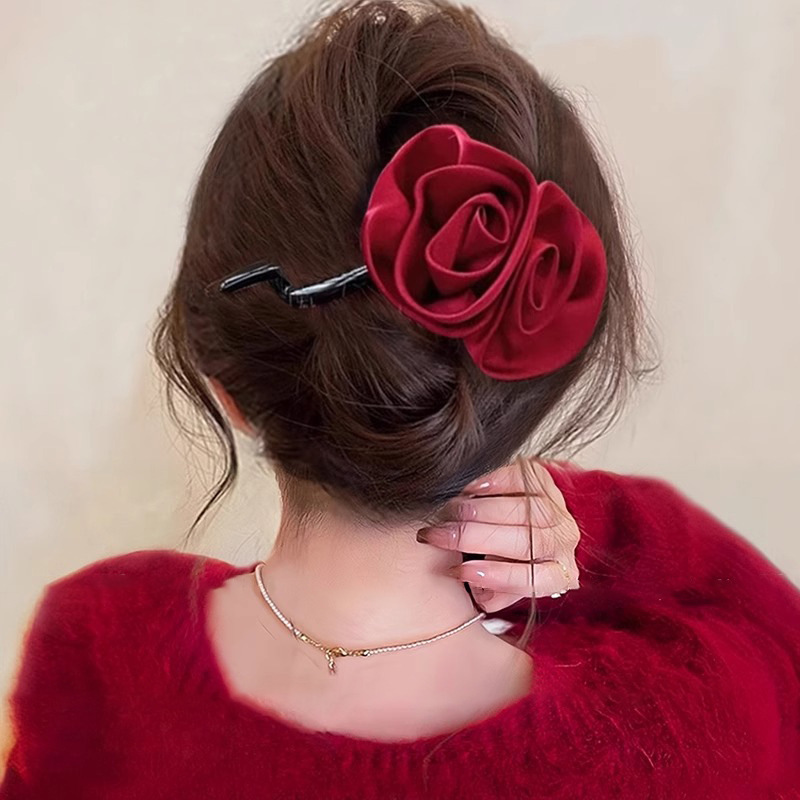 Ángora rojo amor torcido clip de cabello de cabeza de mujer en la parte posterior de la cabeza clip de cabello temperamento rascar tocado de brazo