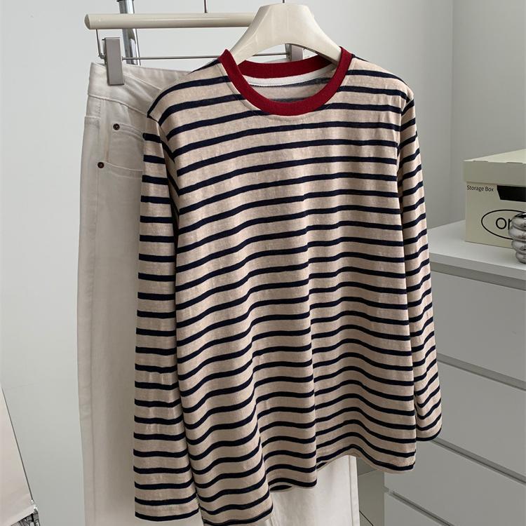 (2개) 컬러 매칭 라운드 넥 스트라이프 티셔츠 여성 패셔너블 레트로 눈송이 코튼 스트라이프 탑 초가을 한국 스타일 올매치베이스 셔츠 트렌디