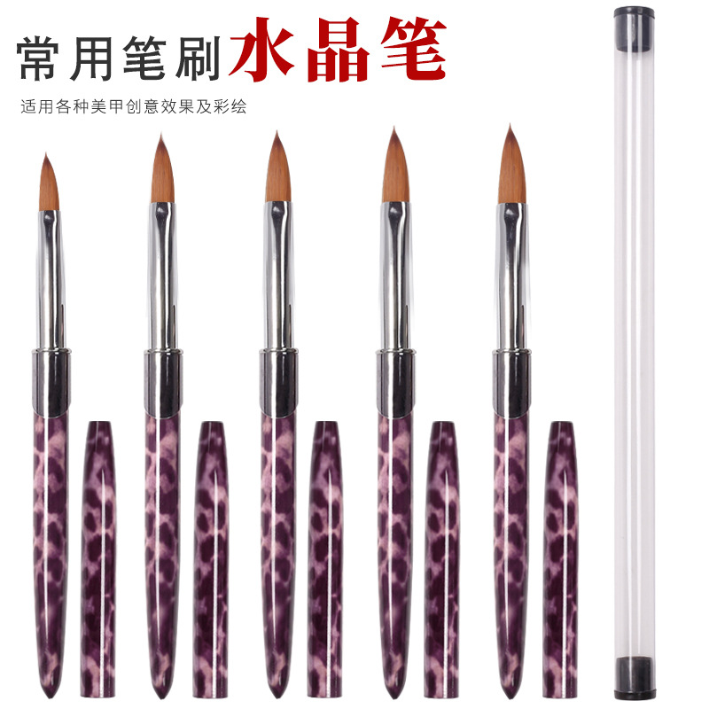 Bolígrafo de cristal con estampado de leopardo de arte de uñas explosivo transfronterizo, portalápices de metal con tapa, bolígrafo tallado de cristal, cepillo especial para salón de uñas