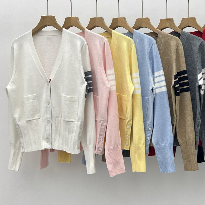 Women's Tops, Knitwear, Sweaters, Jackets, Cardigans, New Spring Style, Four-Stripe V-Neck Outerwear, Preppy Style, Tb Korean Style