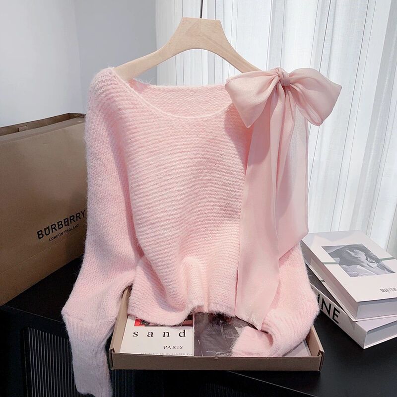 Lazy Style Sweet Bow Design Bat Sleeve Sweater Autumn and Winter New Loose Short Beautiful Top for Women