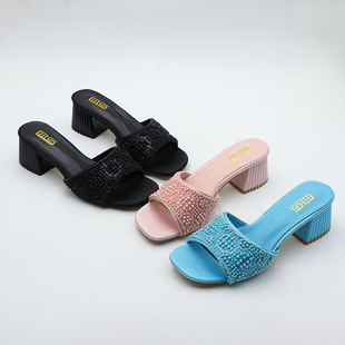 2025 New Fashion High-Heeled Rhinestone Outer Wear One-Line Sandals for Export Sexy Thick Heels Large Size High Heels for Women