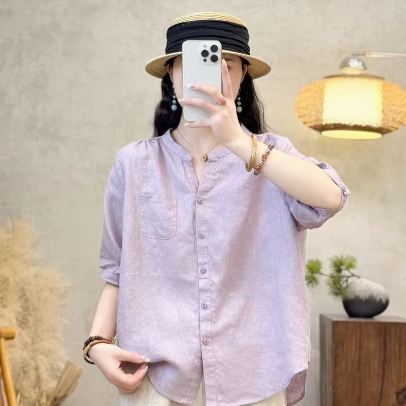 リネン半袖ピュアシャツシングルブレストスリムシャツ夏の新しい女性のためのゆったりとした多用途カーディガン|undefined