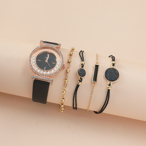 5pcs/set new women's suit Korean style fashionable diamond leather strap watch + fashionable personalized versatile bracelet