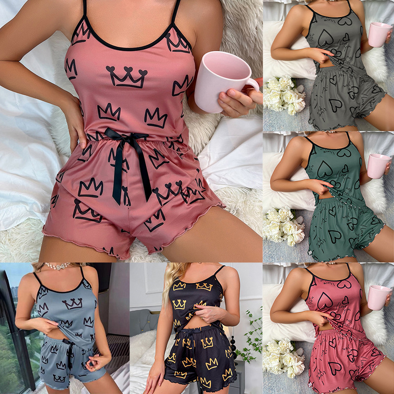 Cross-border European and American Foreign trade summer New Fashion Women's sexy suspender shorts home wear contrast color pajamas two-piece set
