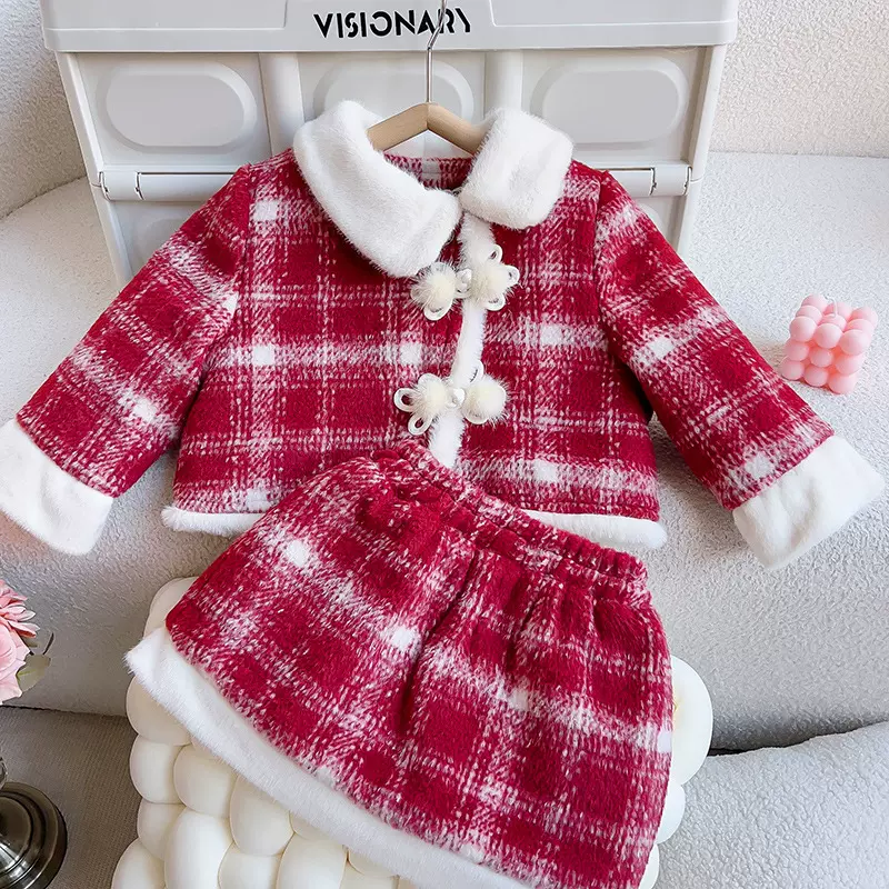 女童小香风套装冬装儿童加厚公主裙子拜年服宝宝红色新年装两件套