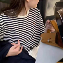 夏季韩版新款女经典条纹刺绣卡通图案宽松套头圆领短袖T恤潮4523