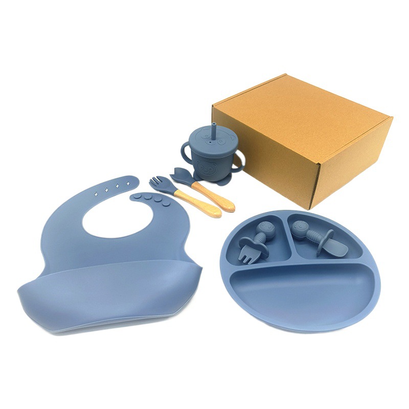 Vajilla para niños de Amazon, juego de ocho piezas, tazón de comida para entrenamiento de bebé, juego de vajilla de alimentación de bebé de silicona de calidad alimentaria