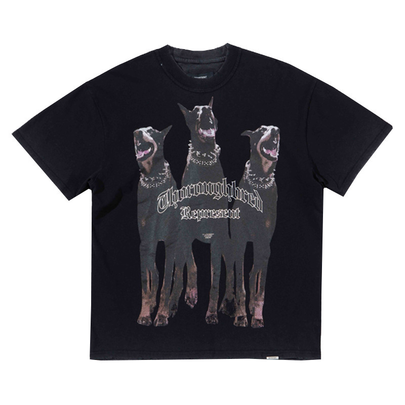 Represrep杜賓犬水洗いして古いアメリカのファッションブランドのヴィンテージのレトロなサメの半袖のtシャツの男をします。|undefined