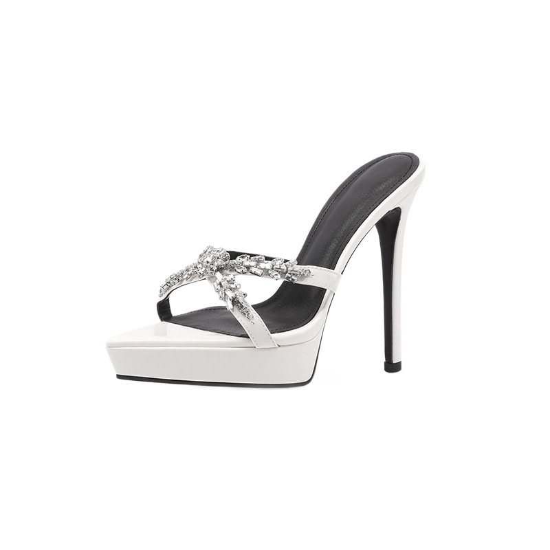 Sandal cao gót nữ mũi nhọn hở ngón đính đá rhinestone, gót 10 cm, đế platform — Màu nude 10cm