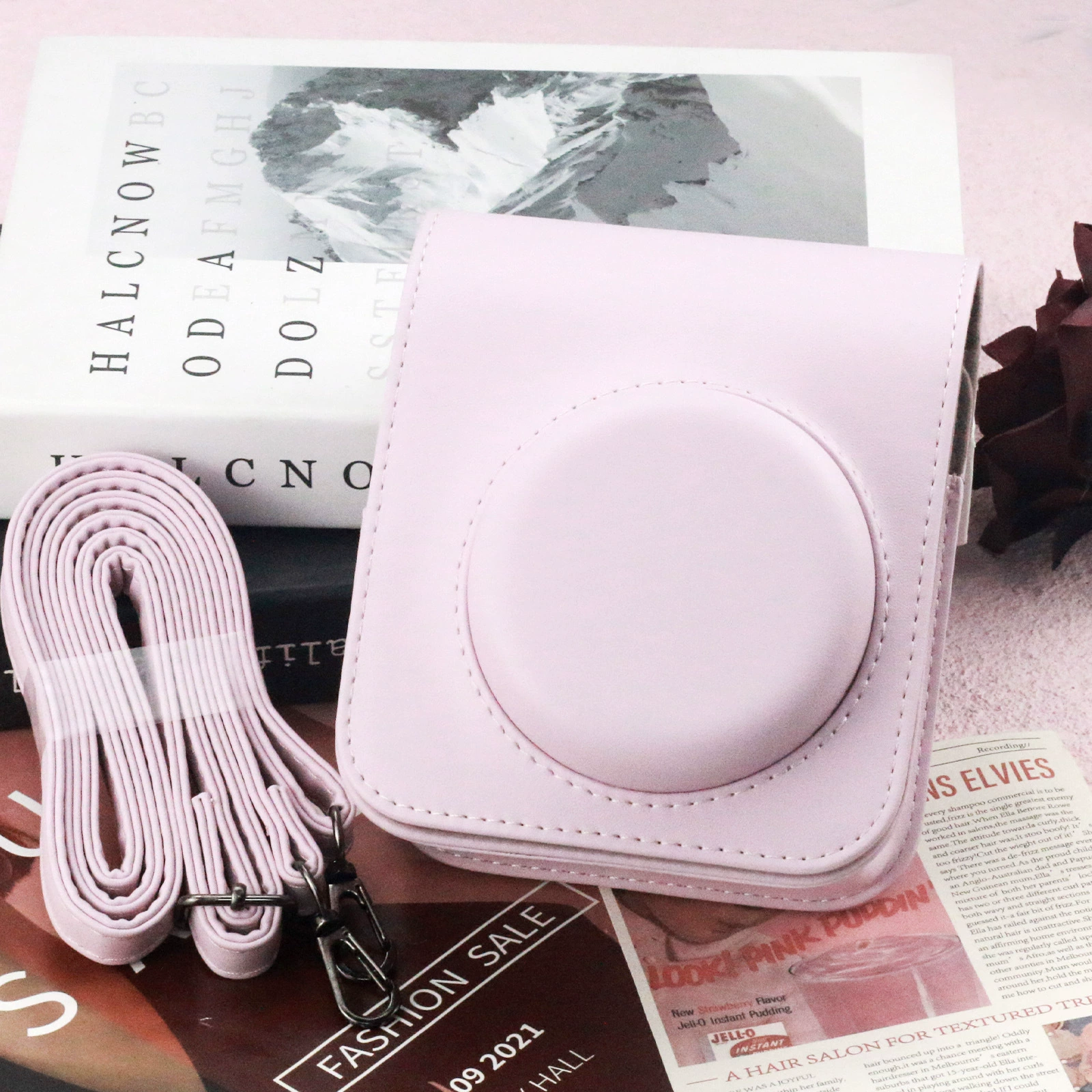 Camera Bag (Fuji mini12) PU Leather Solid-Color Case, Magnetic Buckle & Adjustable Strap