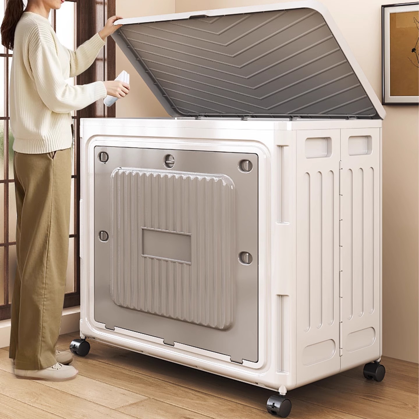 Household Seasonal Clothing Quilt Storage Box Large Capacity Flip-Top Foldableable Kidsren's Toy Storage Box Dust-Proof Pulley