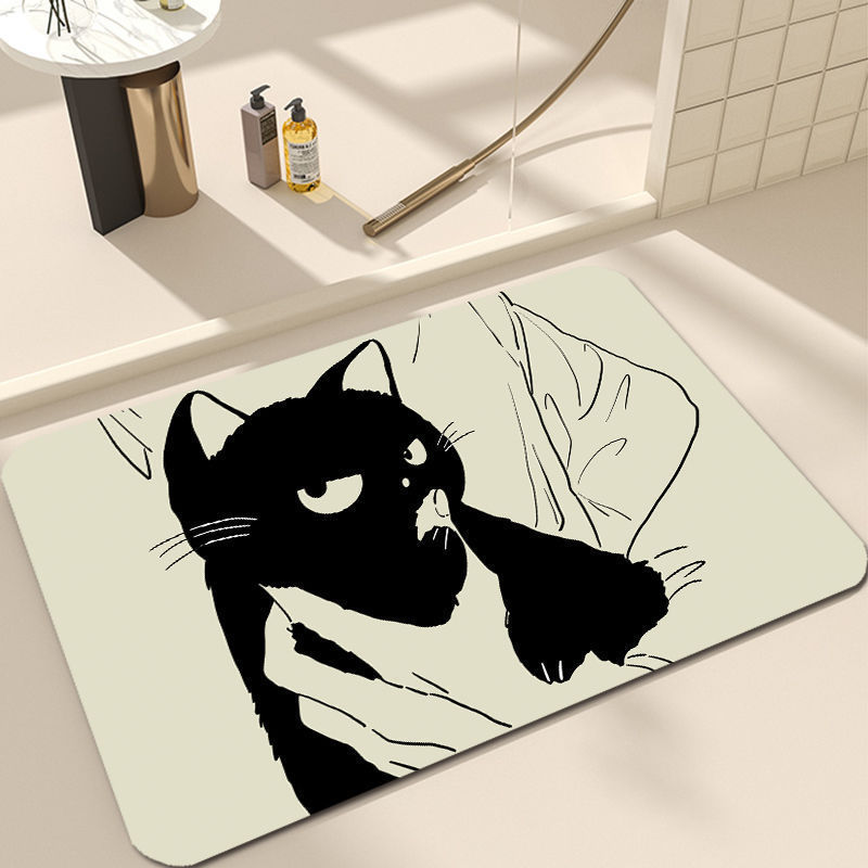 卡通黑猫硅藻泥地垫浴室吸水速干耐脏脚垫厕所防滑耐磨易打理地垫|undefined