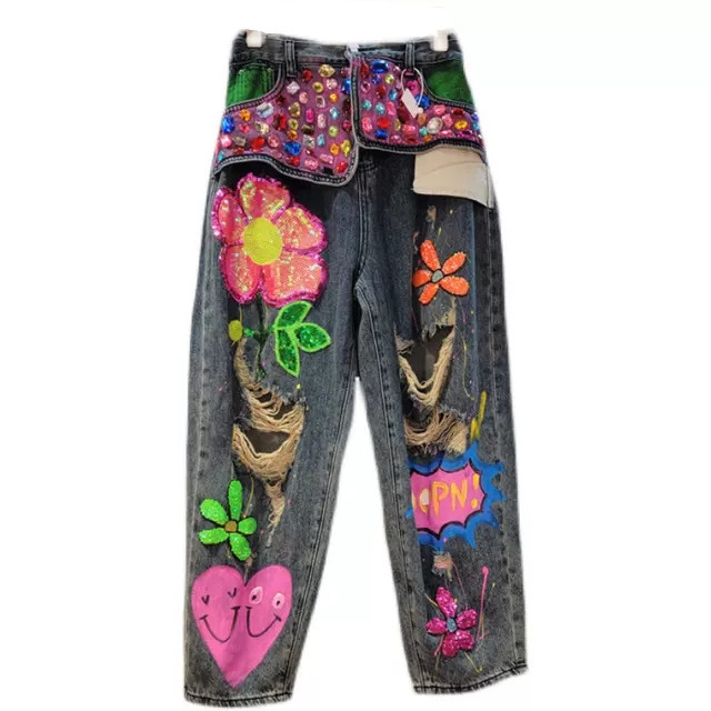 Abbigliamento donna 2024 primavera e autunno nuovi beni jeans con fori di perline pesanti pantaloni dritti larghi a vita alta da donna_voghion.com
