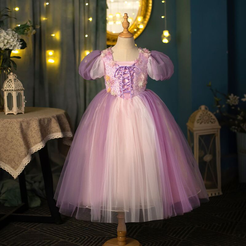2026 Rapunzel Princess Dress Rapunzel Christmas Dress with Three-Dimensional Flower Decoration Girls' Dress Foreign Trade One